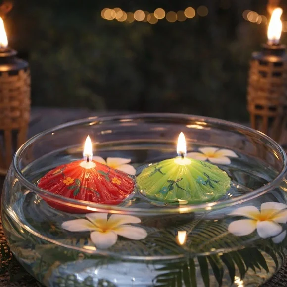 Set of 2 Pottery Barn Floating Umbrella Candles Red & Green - Picture 1 of 5